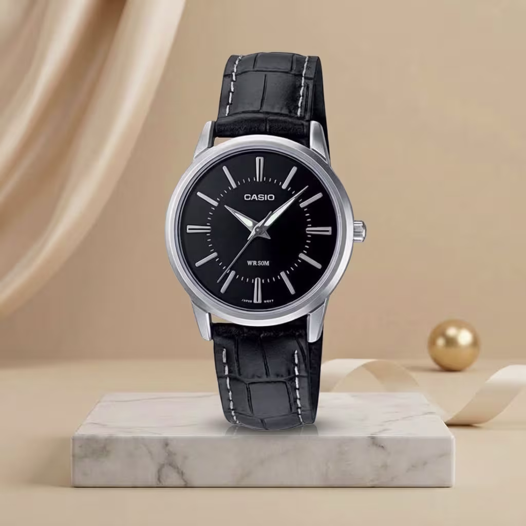 Casio LTP-1303L-1AV ladies black dial watch with silver case and black leather strap