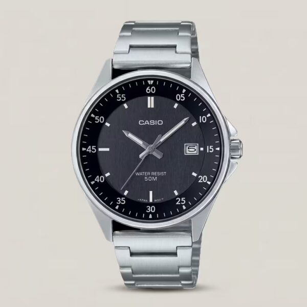 Casio MTP-E705D-1E silver stainless steel chain & black analog dial men's classical watch