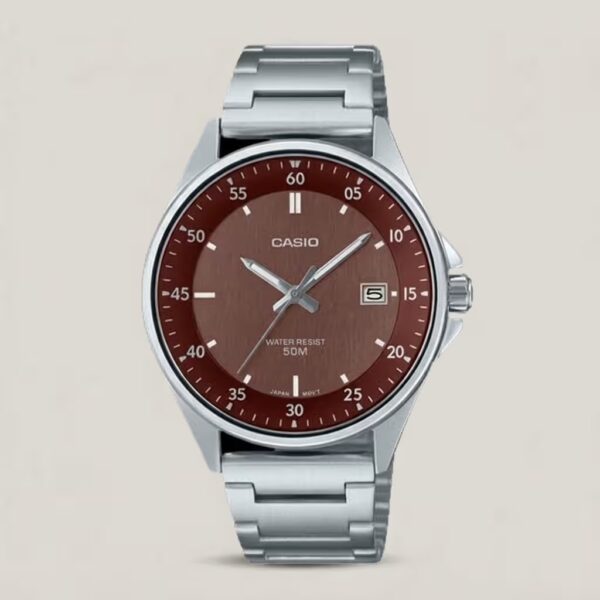 Casio MTP-E705D-5E silver stainless steel chain & brown analog dial men's gift watch