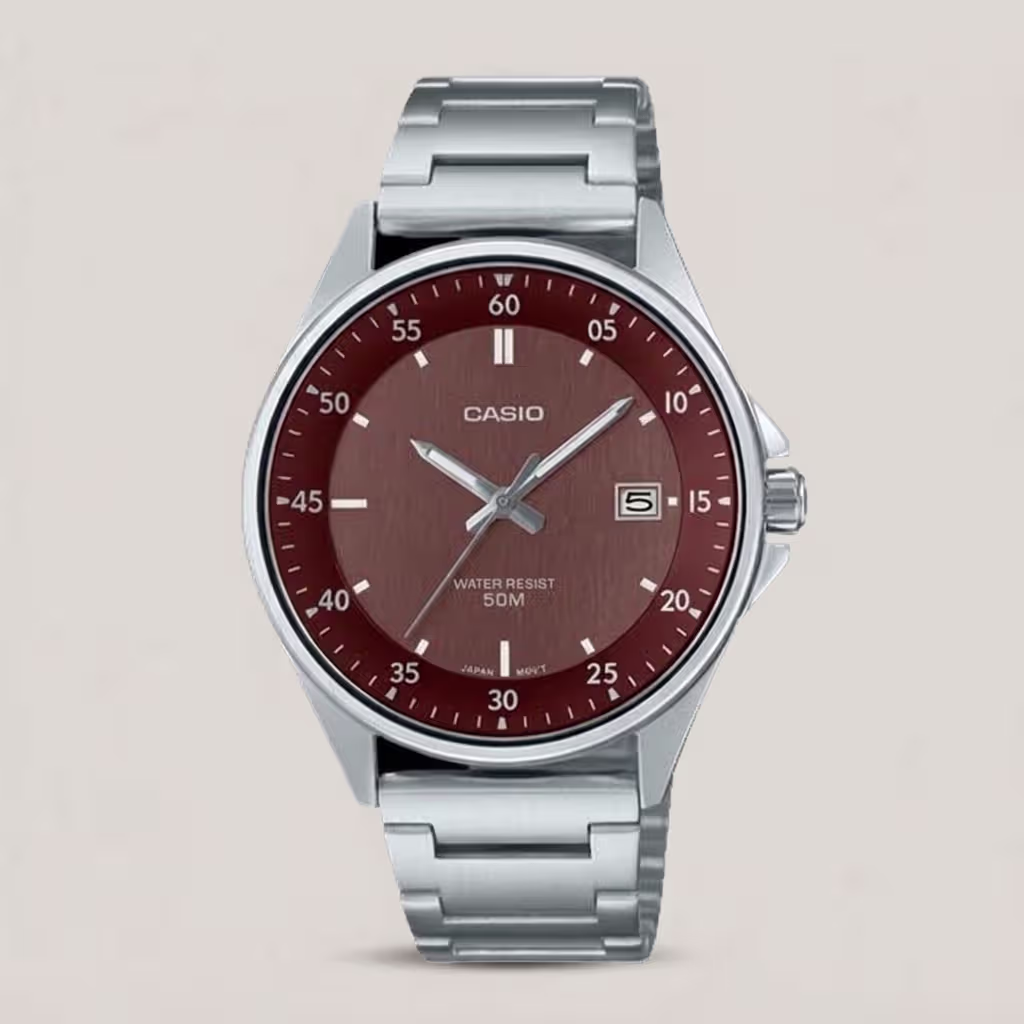 Casio MTP-E705D-5E silver stainless steel chain & brown analog dial men's gift watch