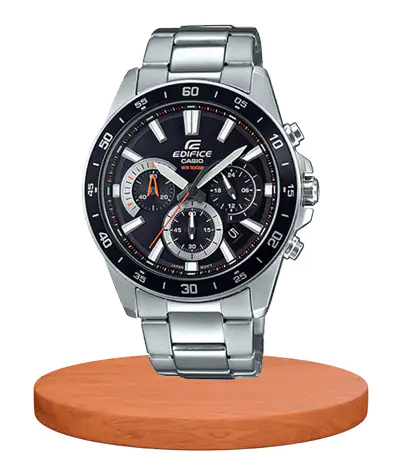 Edifice EFV 570D 1AV men's silver steel chain black chronograph dial wrist watch