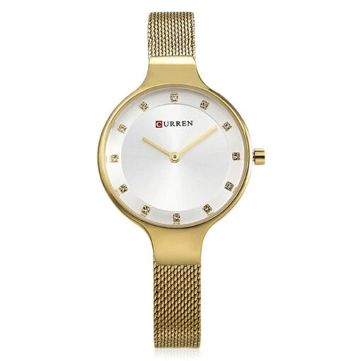 Curren 9008 golden mesh steel chain & silver analog dial ladies stylish watch