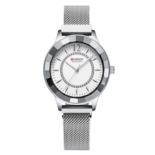 Curren 9066 silver mesh steel chain & white analog dial ladies standard watch