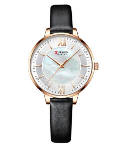 Curren 9080 black leather strap & white analog dial ladies wrist watch