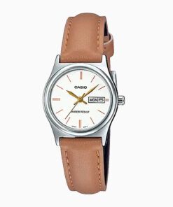 Casio LTP-V006L-7B2 brown leather & white analog dial ladies hand watch