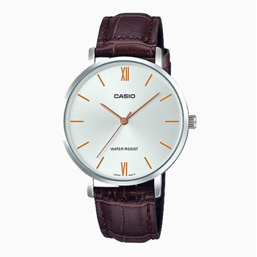 Casio LTP-VT01L-7B2 brown leather strap & silver analog dial ladies dress watch