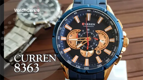 Curren 8363 blue stainless steel chain round chronograph dial men's quartz wrist watch video review
