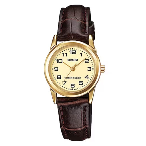 Casio LTP-V001GL-9B brown leather strap & golden analog numeric dial ladies simple watch