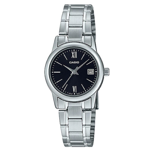 Casio LTP-V002D-1B3 silver stainless steel chain & black analog dial ladies wrist watch