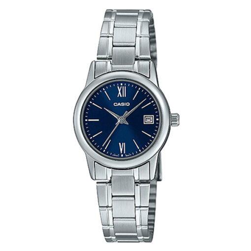 Casio LTP-V002D-2B3 silver stainless steel chain & blue analog dial ladies dress watch
