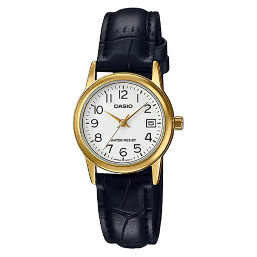 Casio LTP-V002GL-7B2 black leather band & white analog numeric dial ladies formal watch