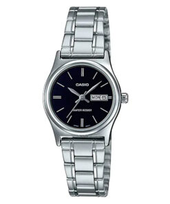 Casio LTP-V006D-1B2 silver stainless steel chain & black analog dial women wrist watch