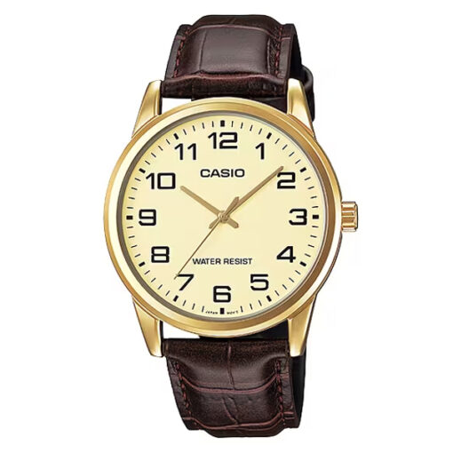 Casio MTP-V001GL-9B brown leather strap & golden analog numeric dial gent's dress watch