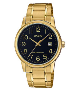 Casio MTP-V002G-1B golden stainless steel chain & black analog numeric dial men's standard watch