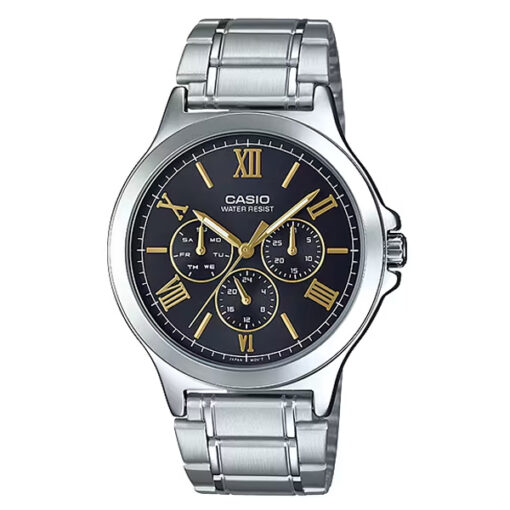 MTP-V300D-1A2 silver stainless steel band & black multi hand dial men's fashion watch