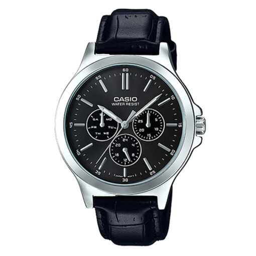 Casio Enticer MTP-V300L-1A black leather band & black multi hand dial men's dress watch
