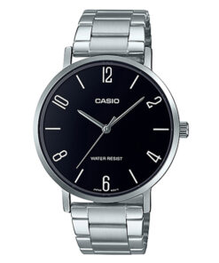 Casio MTP-VT01D-1B2 silver stainless steel chain & black analog dial men's standard watch