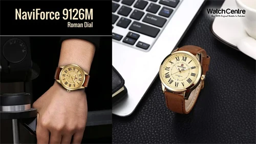 NaviForce NF9126 brown leather strap golden roman dial men's dress watch video review