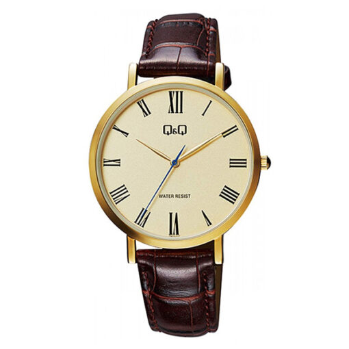 Q&Q QA20J117Y brown leather strap golden roman dial men's dress watch