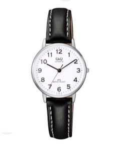 Q&Q QZ01J304Y white numeric dial & black leather strap ladies wrist watch