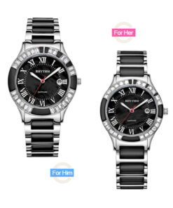 Rhythm F1203T02 & F1204T02 two tone stainless steel band stone engraved case roman dial couple analog watch