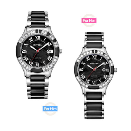 Rhythm F1203T02 & F1204T02 two tone stainless steel band stone engraved case roman dial couple analog watch