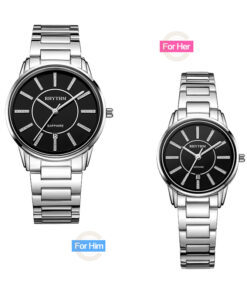Rhythm G1204S02 & G1203S02 silver stainless steel black stone engraved dial couple hand watch