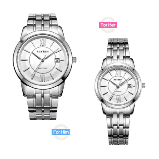 Rhythm G1304S01 & G1304S01 full silver stainless steel analog dial couple quartz watch