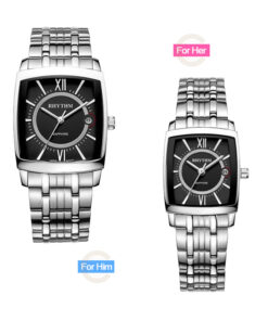 Rhythm P1202S02 & P1201S02 silver stainless steel chain square black sapphire glass analog dial couple wrist watch