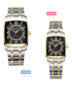 Rhythm P1202S04 & P1201S04 two tone stainless steel band black square analog dial sapphire glass couple gift watch