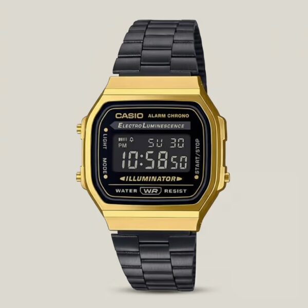 Casio A168WEGB-1BDF golden stainless steel chain & digital dial men's standard watch