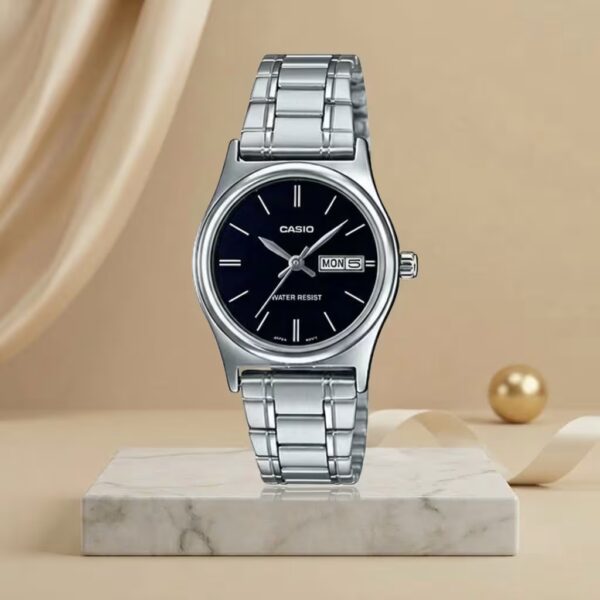 Casio ladies black dial watch with silver stainless-steel bracelet and day-date display