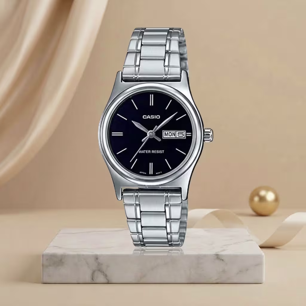 Casio ladies black dial watch with silver stainless-steel bracelet and day-date display