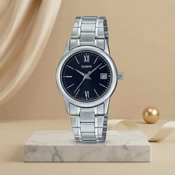 Casio ladies blue dial watch with silver stainless-steel bracelet and date display