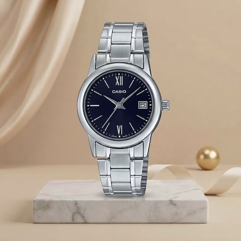 Casio ladies blue dial watch with silver stainless-steel bracelet and date display