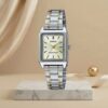 Casio ladies rectangular champagne dial watch with silver and gold two-tone stainless-steel bracelet