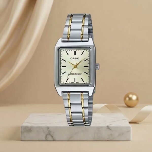 Casio ladies rectangular champagne dial watch with silver and gold two-tone stainless-steel bracelet