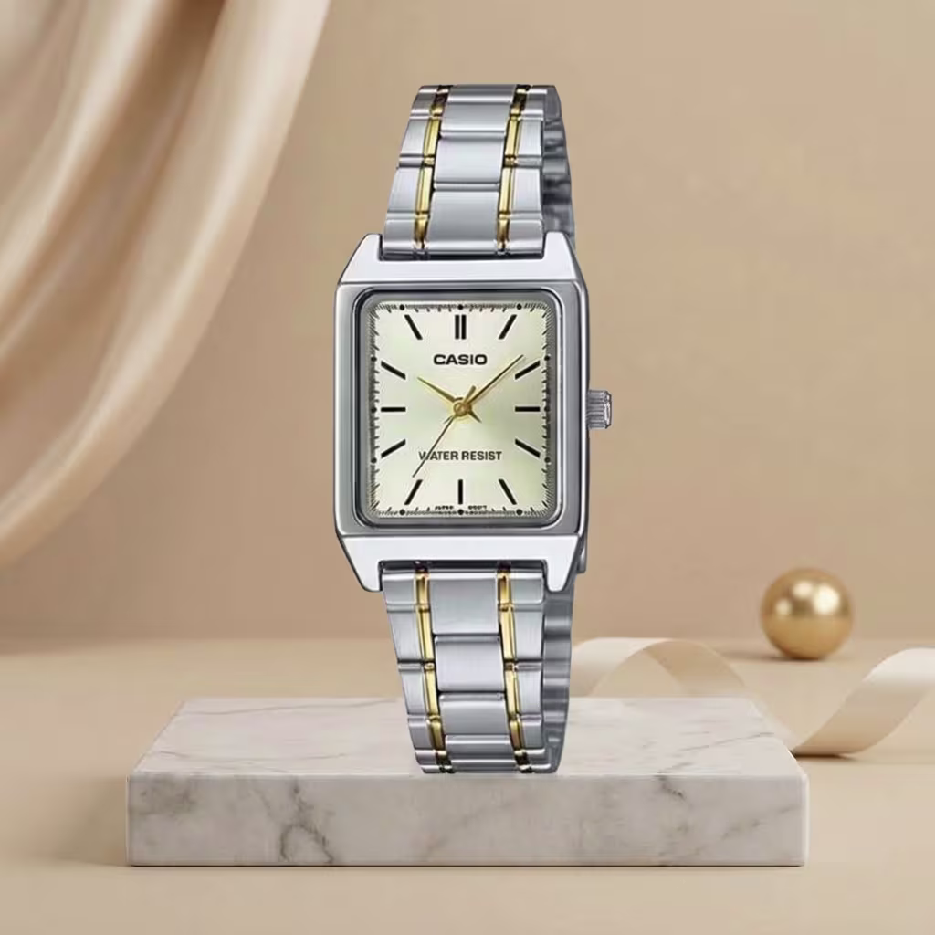 Casio ladies rectangular champagne dial watch with silver and gold two-tone stainless-steel bracelet
