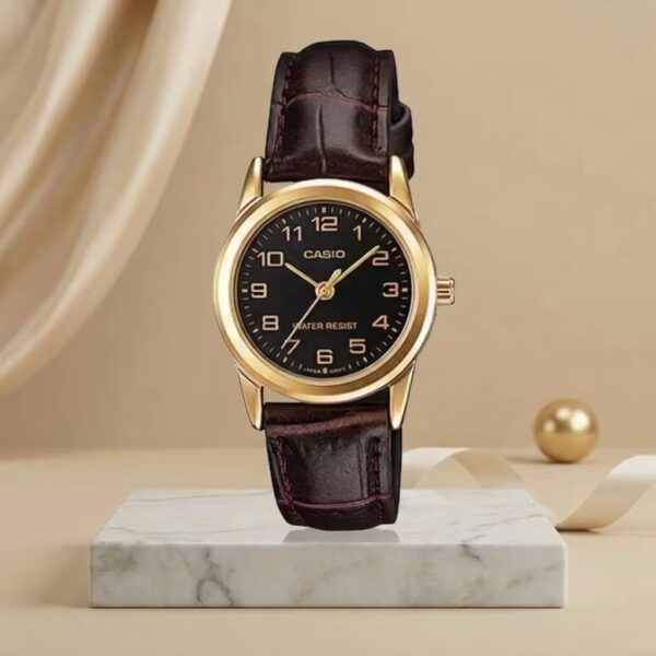 Casio LTP-V001GL-1B ladies black dial watch with gold-tone case and brown leather strap