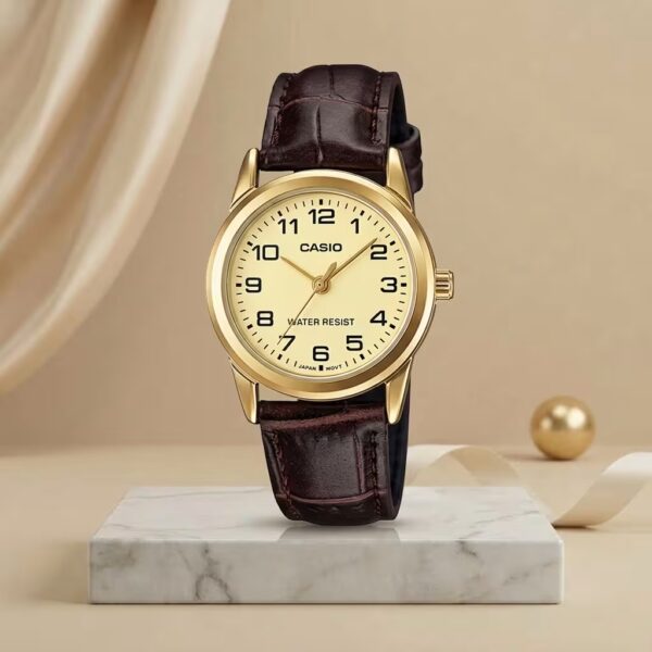 Casio LTP-V001GL-9B ladies gold dial watch with gold-tone case and brown leather strap