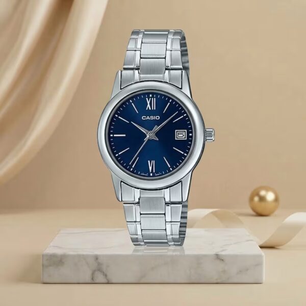 Casio LTP-V002D-2B3 ladies blue dial watch with silver stainless-steel bracelet and date display