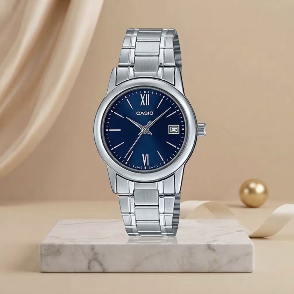 Casio LTP-V002D-2B3 ladies blue dial watch with silver stainless-steel bracelet and date display
