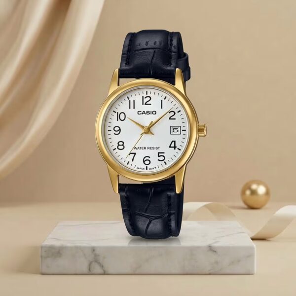 Casio LTP-V002GL-7B2 ladies watch with gold-tone case, white dial and black leather strap