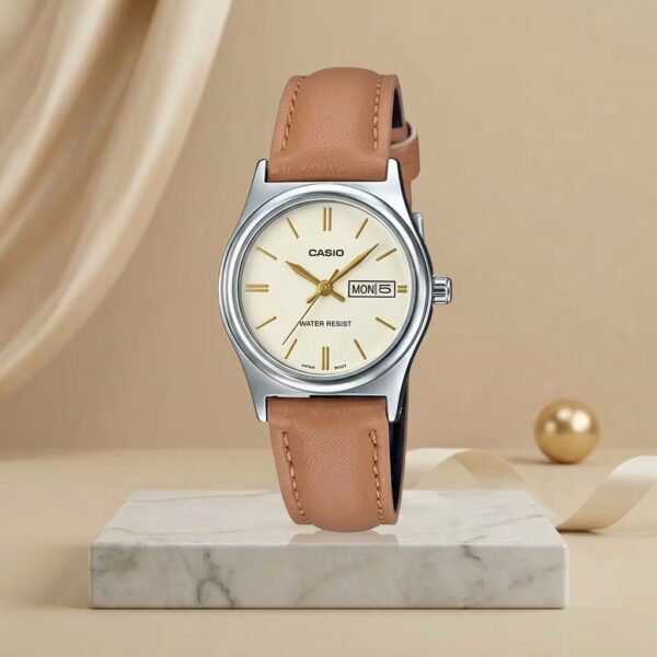 Casio LTP-V006L-7B2 ladies watch with cream dial, silver case and beige leather strap