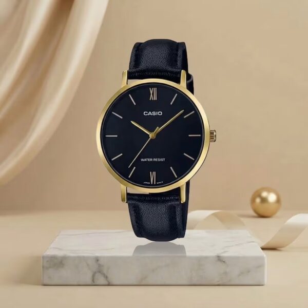 Casio LTP-VT01GL-1B ladies black dial watch with gold-tone case and black leather strap
