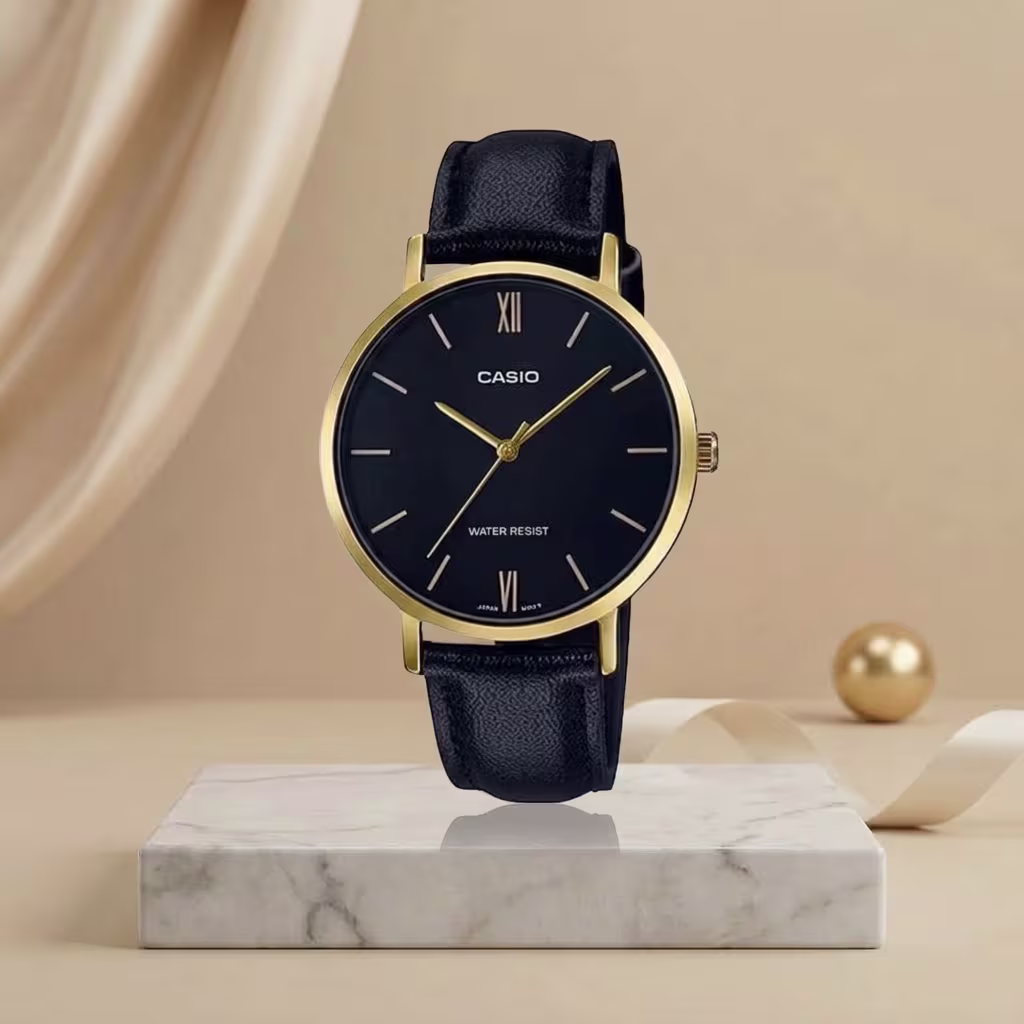 Casio LTP-VT01GL-1B ladies black dial watch with gold-tone case and black leather strap