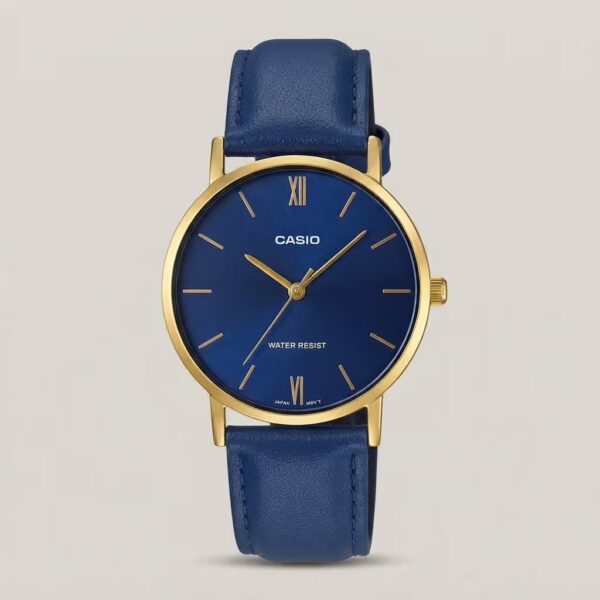 Casio men's blue dial watch with blue leather strap, gold-tone case, hands and hour markers