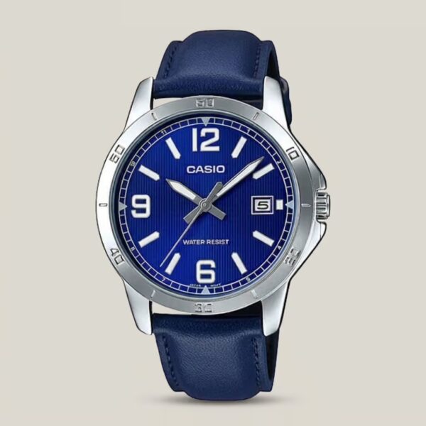 Casio men's blue textured dial watch with blue leather strap, silver-tone bezel and date display