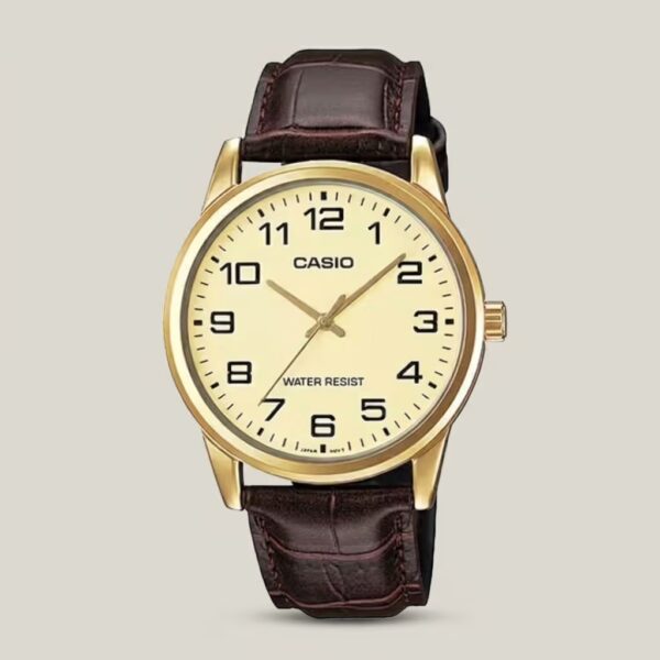 Casio men's champagne dial watch with gold-tone case, brown leather strap and bold Arabic numeral hour markers