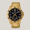 Casio MTP-VD200G-1B men's gold-tone stainless steel watch with black dial, Roman numeral markers, date subdial and water-resistant design
